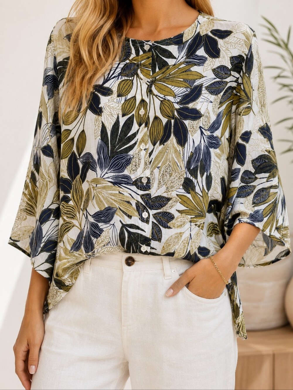 Tahari 100% Linen Tropical Leaf Tunic Top 2X Button Front Coastal Resort